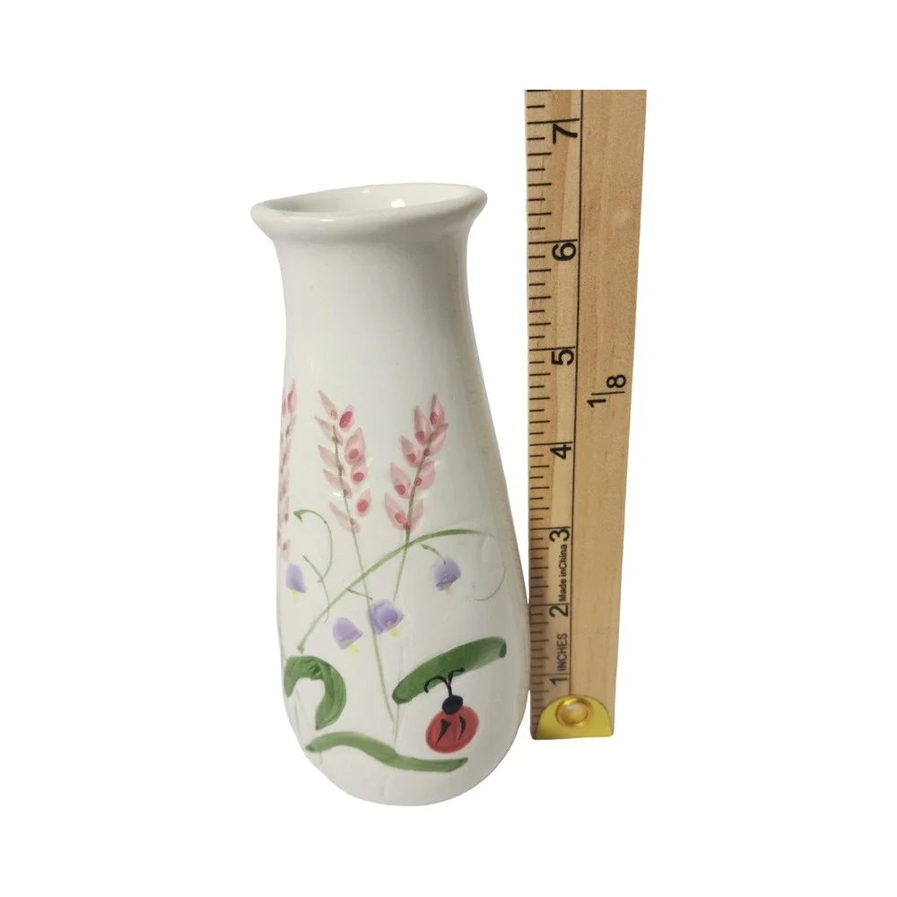 Ceramic Vase Ladybug Floral Design Small White‎ Accent Piece